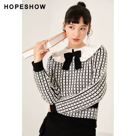 红袖outlets淑女蝴蝶结娃娃领针织衫hopeshow冬新款格子套头毛衣图片