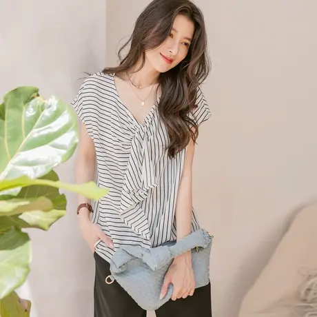 桔熊夏季通勤气质荷叶边V领条纹衫宽松蝙蝠袖上衣女大码AB15280图片