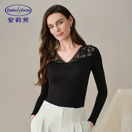 LIN9安莉芳新款打底衫女V领蕾丝透气薄款百搭舒适秋衣打底上衣商品大图
