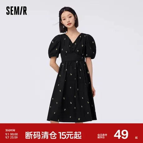 森马连衣裙女泡泡袖V领收腰优雅气质夏季小众森系重工绣花中长裙商品大图