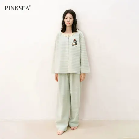 睡衣女款纯棉长袖长裤秋冬季可外穿条纹企鹅简约高级感家居服套装商品大图