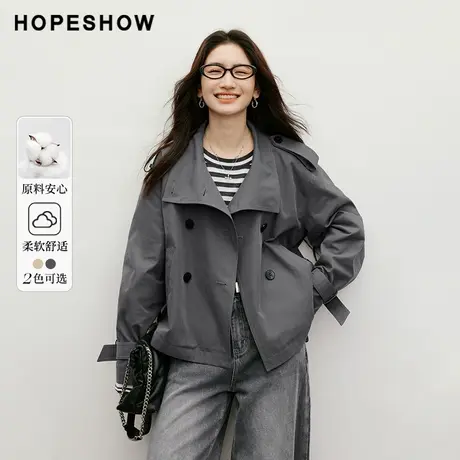 红袖2025秋季新款女装 系带双排扣两穿领落肩长袖短风衣外套商品大图