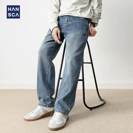 hansca复古美式水洗做旧牛仔裤2025新款男直筒宽松阔腿秋季长裤子商品大图