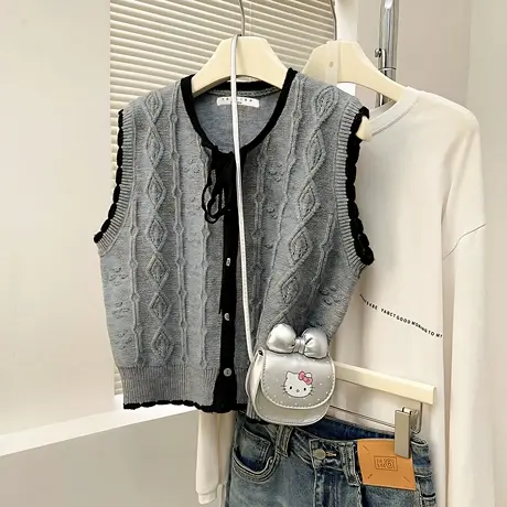 唐狮秋冬新款毛衣撞色边设计领口系带圆领开衫马甲百搭上衣潮TD商品大图