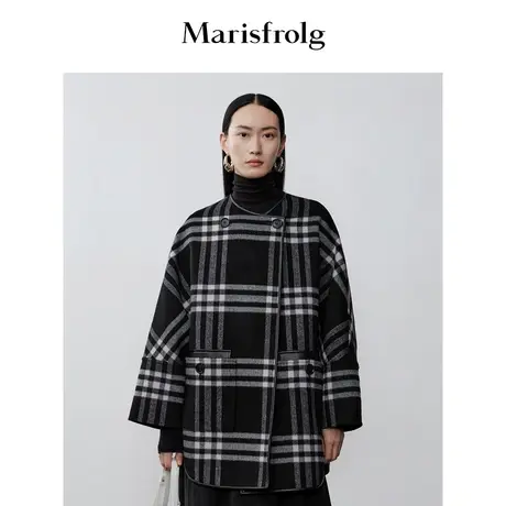 【艺术时装大衣】玛丝菲尔2023年冬季新款斗篷式双面呢格纹大衣图片