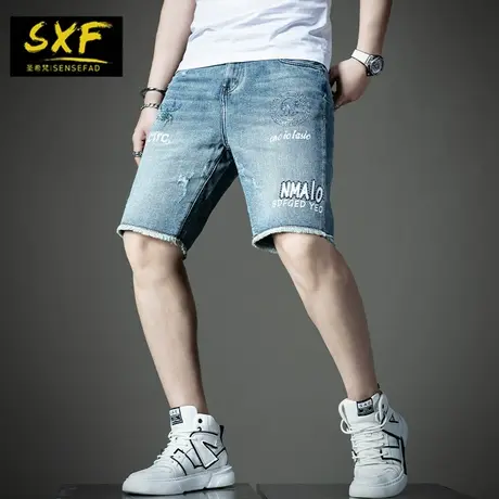 SXF圣希梵牛仔短裤男 2022夏季烫钻印花毛边中裤子男士五分裤潮牌商品大图