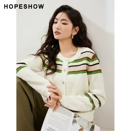 【直播专享】秋季条纹正肩单排扣V领针织开衫90123290109红袖商品大图