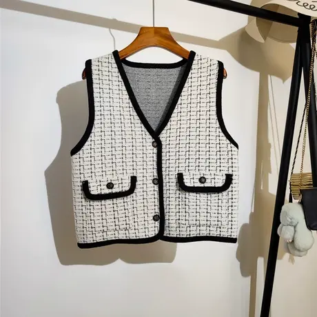 小香风格子针织马甲开衫女秋冬2023新款v领短款毛衣背心马夹外搭图片