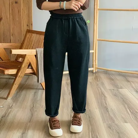 dza 高腰显瘦宽松直筒加绒裤子女士冬新款休闲哈伦裤百搭阔腿长裤商品大图