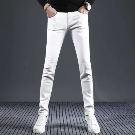 香港高端白色牛仔裤男秋冬款2023新款修身小脚弹力休闲男装长裤子图片