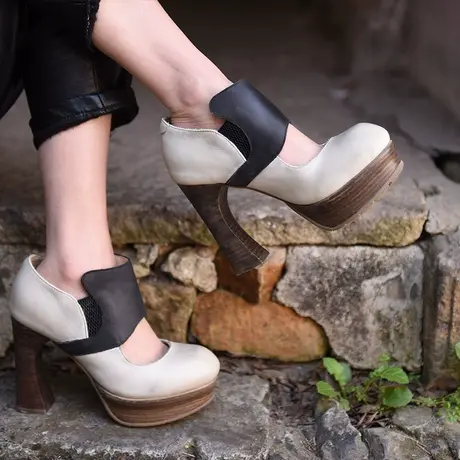 Artmu阿木原创春季新款欧美复古浅口粗跟单鞋牛皮防水台高跟鞋女商品大图