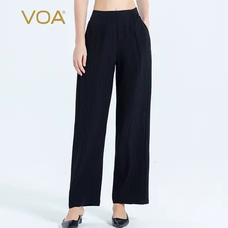 VOA重磅真丝无界赫本黑松紧后腰不对称钉珠设计商务百搭直筒裤女图片
