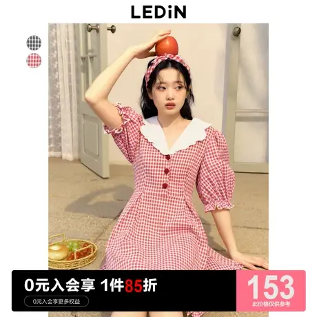 乐町甜美翻领连衣裙2023年夏季新款清新格纹裙子泡泡袖收腰连衣裙图片