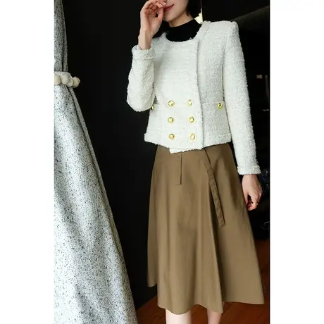 23秋冬新款小香风优雅气质双排扣亮丝粗花呢羊毛女士短外套上衣女图片