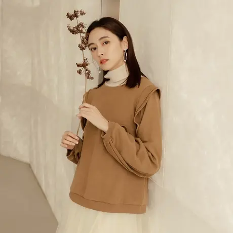 桔熊秋冬休闲宽松圆领舒适设计感荷叶拼接长袖卫衣女大码AB19096商品大图