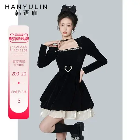 韩语琳黑色丝绒连衣裙短款女春秋新款高级设计感收腰显瘦方领裙子图片