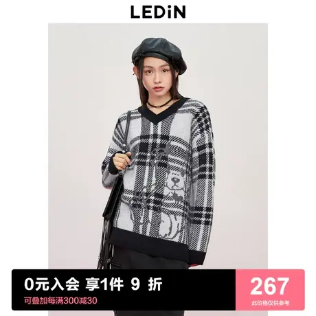 [预]乐町马海毛宽松个性线套衫2023秋冬新款格纹小熊提花少女毛衣商品大图