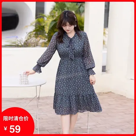 2024年秋季新款蝴蝶结减龄大码显瘦胖MM雪纺碎花连衣裙气质中长款图片