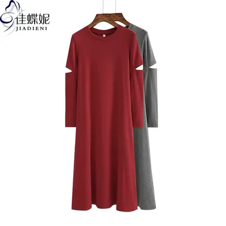春秋韩版新款圆领加长款打底体恤连衣裙破洞修身纯白长袖女装红色商品大图