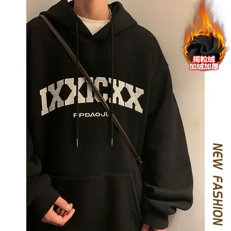 美式复古潮牌连帽卫衣男秋冬oversize宽松字母慵懒风加绒加厚外套商品大图