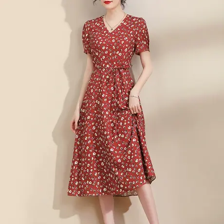 水墨青华2023夏季新款百搭显瘦双绉印花裙时尚系带修身短袖连衣裙商品大图