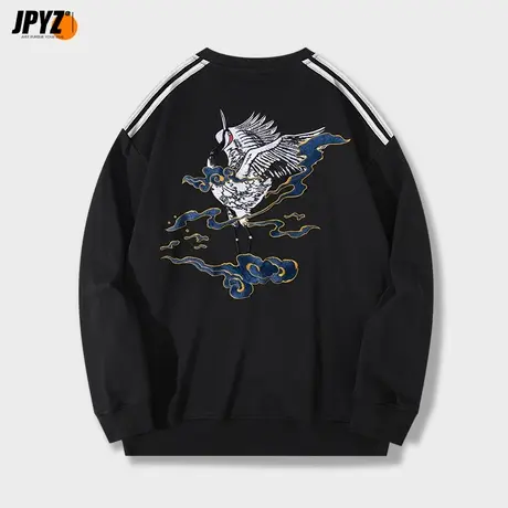 国潮仙鹤刺绣炸街圆领卫衣男宽松ins潮牌百搭情侣上衣秋冬外套衫商品大图