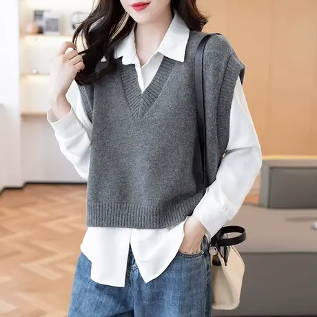 2023秋装新款韩版宽松V领无袖针织衫毛衣女百搭套头马甲背心上衣商品大图