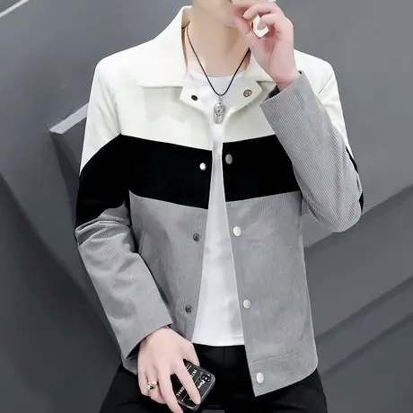 男士潮牌翻领帅气灯芯绒夹克韩版春秋季青年百搭男装拼色休闲外套商品大图