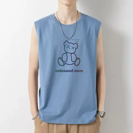 纯棉背心男士夏季薄款跨栏健身运动坎肩小熊印花宽肩无袖t恤汗衫商品大图