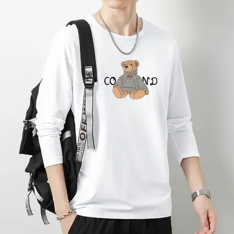 莫代尔白色t恤男长袖秋季上衣服潮流修身内搭打底衫小熊圆领体恤商品大图