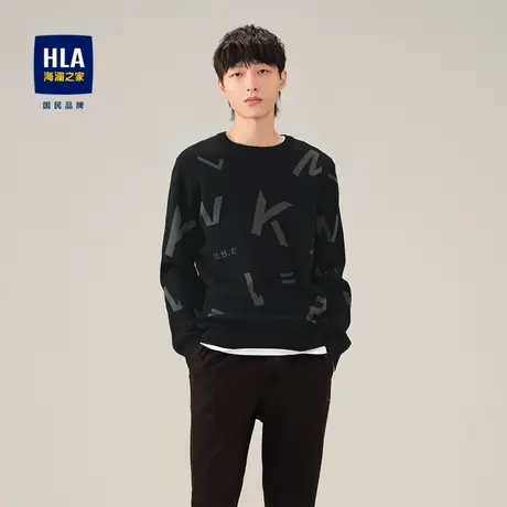 HLA/海澜之家绒感保暖针织衫有型字母花纹圆领套头长袖黑色毛衣男图片