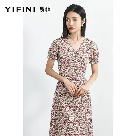 Yifini/易菲V领中款印花V领气质连衣裙女2023夏季新款短袖小碎花图片