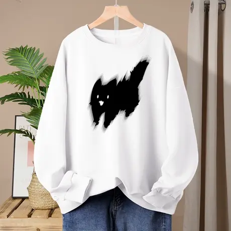 韩版卫衣女2023秋冬新款白色圆领套头印花设计感时尚长袖宽松上衣商品大图