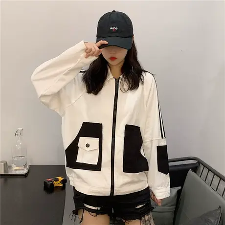 oversize韩版外套女春季2023新款撞色设计感小众休闲学生显瘦夹克图片