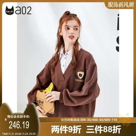 a02学院风加绒卫衣女2025秋冬美式复古假两件卫衣甜酷减龄上衣商品大图