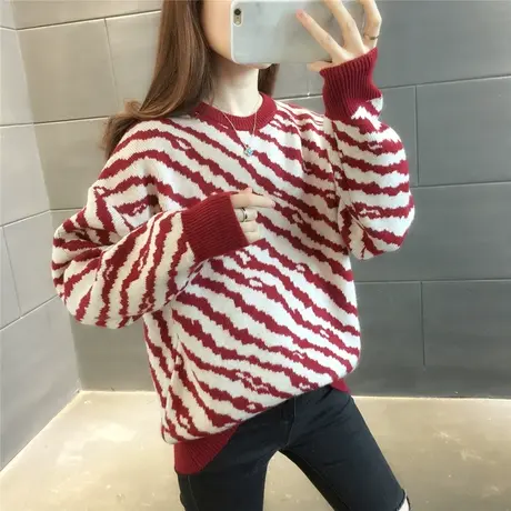 圆领斑马条纹拼色套头毛衣女2023年秋冬新款韩版针织打底上衣百搭图片