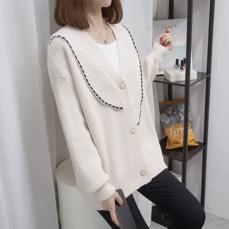 娃娃领针织开衫女2023秋冬新款宽松外穿上衣慵懒风外搭毛衣外套潮商品大图