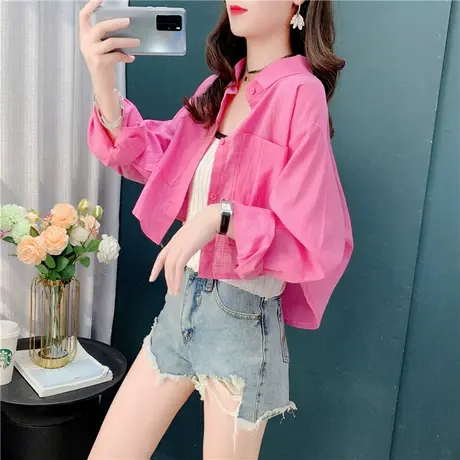 糖果色高腰上衣女短款纯色衬衫设计感长袖防晒衬衣薄款开衫外套夏图片