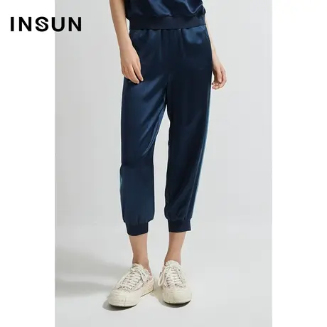 INSUN恩裳奥莱夏季拼接撞色链条花提花运动休闲卫裤图片