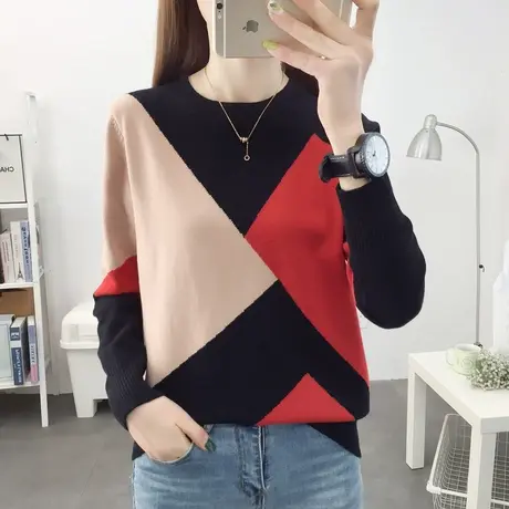 2023年春秋新款圆领拼色针织打底衫女长袖爆款洋气薄款毛衣内搭女商品大图