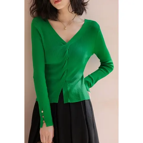 弥古绿色天丝针织衫上衣女设计感小众秋冬叠穿内搭打底毛衣高级感商品大图