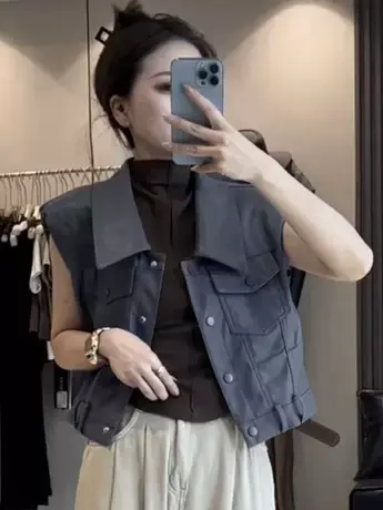 港风欧货初秋新款个性短款皮衣女无袖马夹外套时尚翻领女马甲背心商品大图