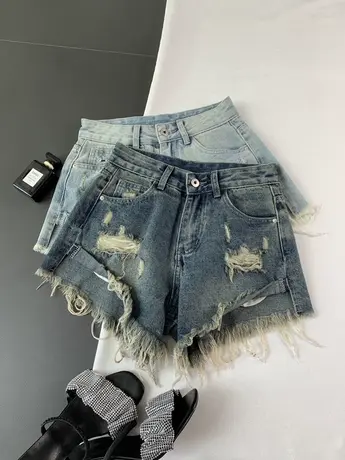 韩版小个子破洞流苏卷边牛仔短裤女夏季高腰显瘦辣妹a字阔腿热裤商品大图