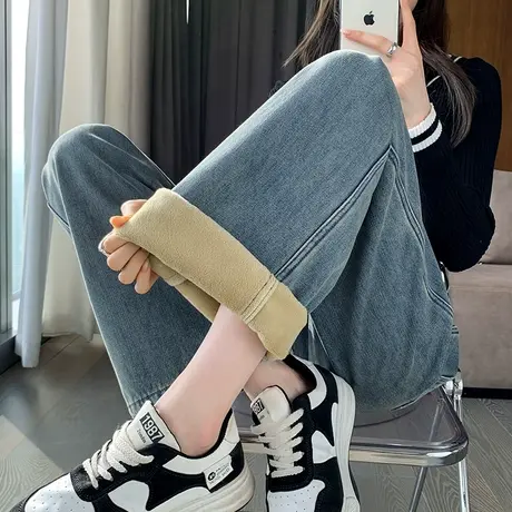 阔腿牛仔裤女2024秋冬季新款蓝色加绒高腰垂感显瘦遮跨窄版直筒裤商品大图