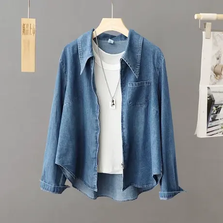 纯色牛仔衬衫女长袖2024新款秋装百搭上衣叠穿女装宽松外套衬衣潮商品大图