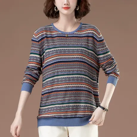 条纹针织打底衫女春秋季宽松加肥加大码中年妈妈洋气显瘦长袖T恤商品大图