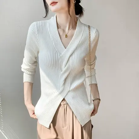 交叉扭结针织衫女内搭2023春季新款V领修身长袖设计感毛衣打底衫图片