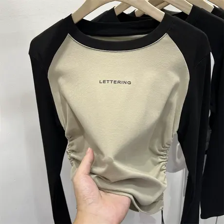 设计感拼色小字母抽绳长袖T恤女2023早秋装新款洋气打底衫上衣潮商品大图