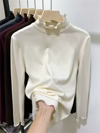 双面德绒半高领木耳边打底衫女长袖秋冬2023新款内搭洋气保暖上衣商品大图