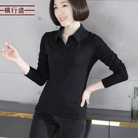 修身长袖T恤翻领蕾丝拼接2025春季新款纯色简约打底衫套头外穿女商品大图